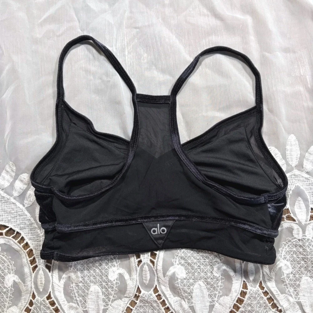 Alo Yoga Black Velvet Mesh Racerback Sports Bra Womens XS Preppy Workout